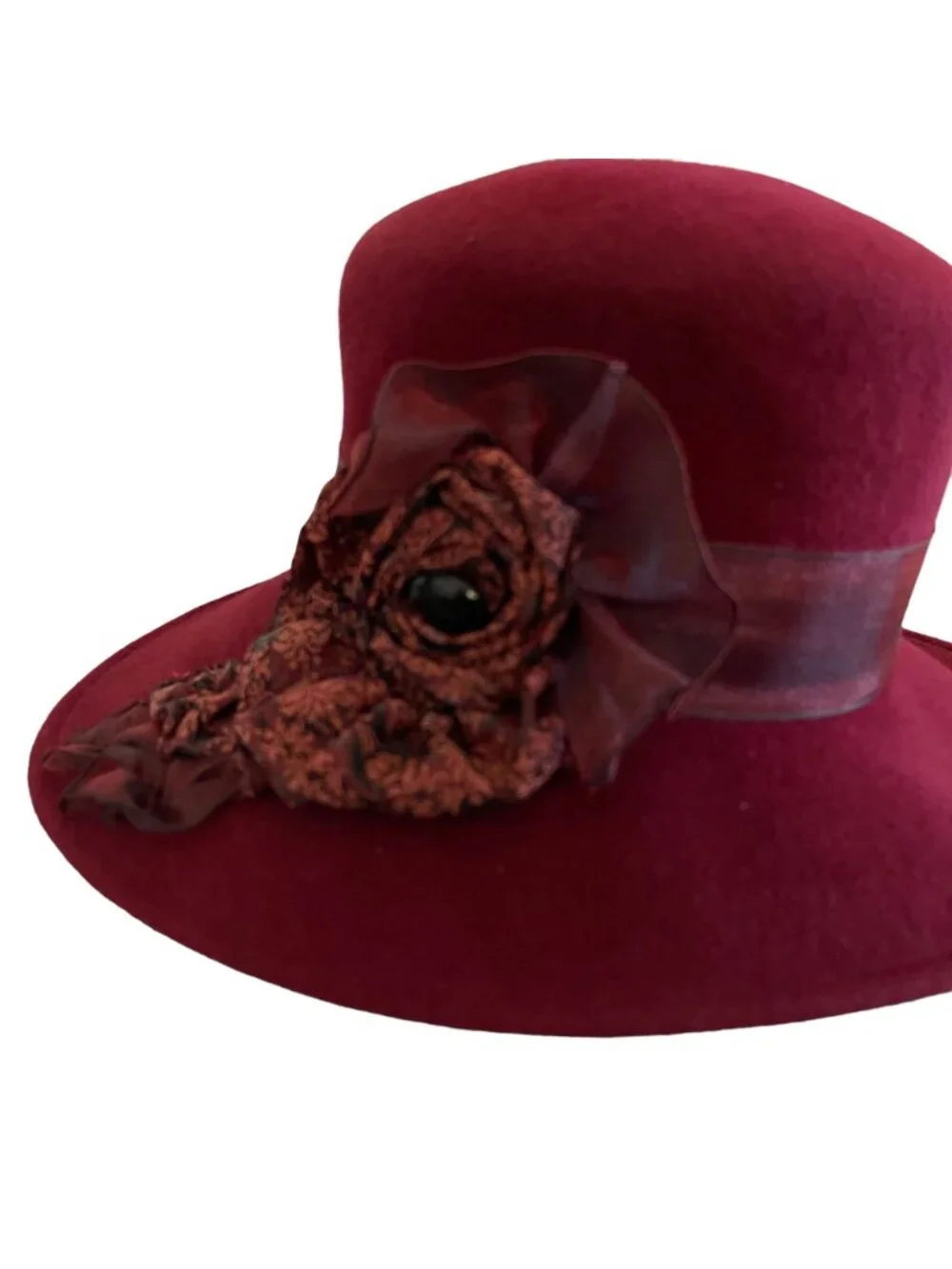 Louise Green Burgundy Wool Felt Wide Brim Hat With Floral Ribbon Detail